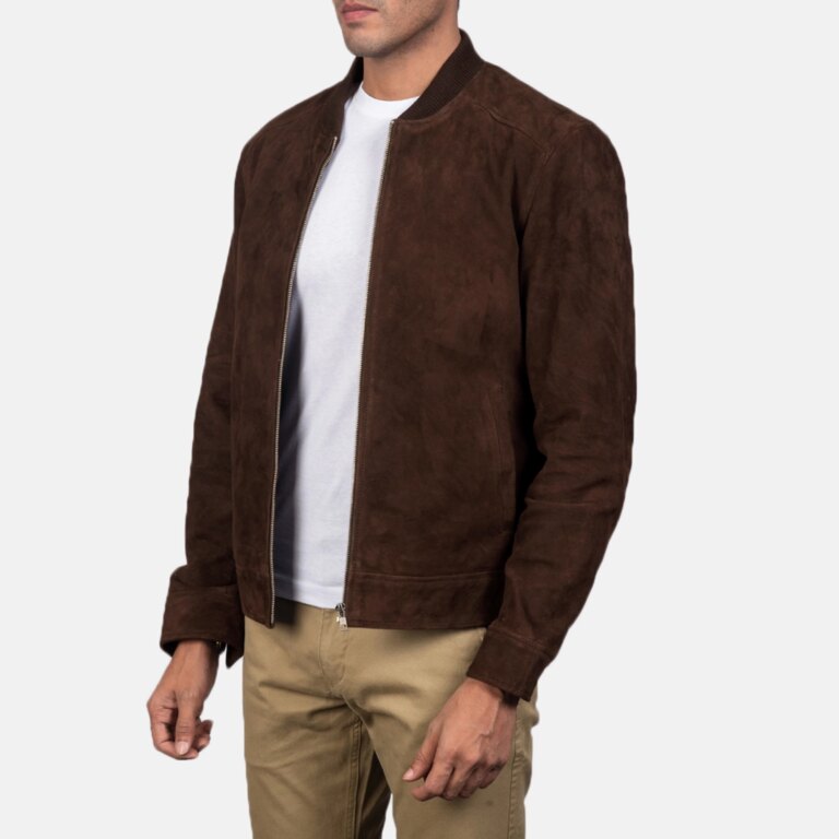 Mens Blain Mocha Suede Bomber Jacket Side Pose-4-1720094881097